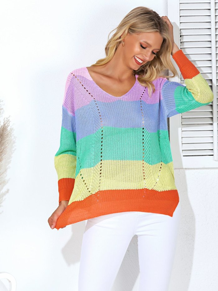 Multicolor Color-Block Striped Eyelet Long Sleeve Sweaters