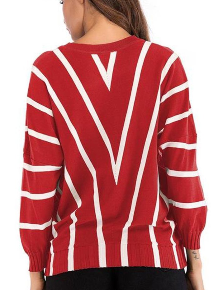 V  Neck  Striped  Basic Sweaters
