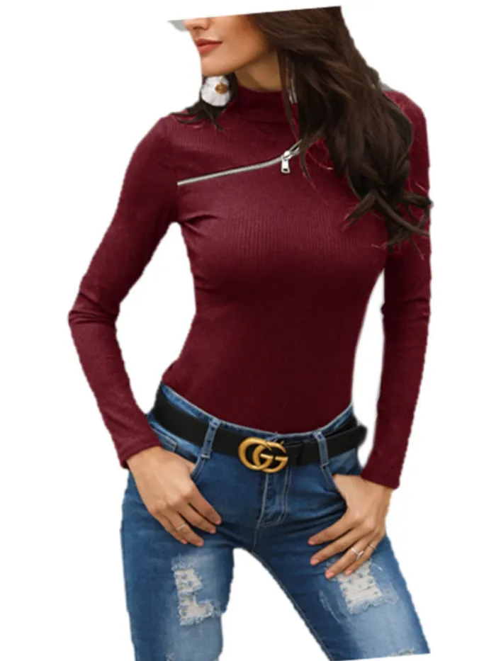 Women Zipper Long Sleeve Solid Casual Turtleneck Sweaters