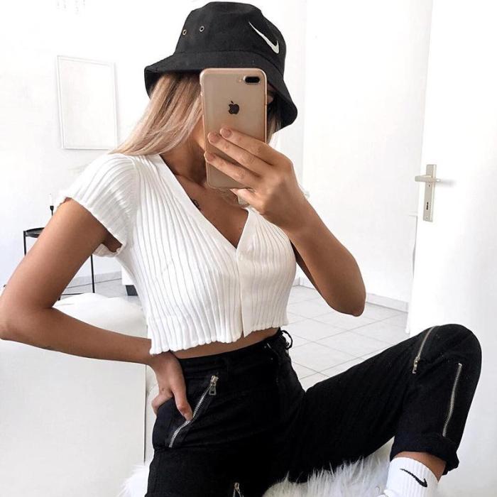 Short Sleeve V neck Button Short Tank Tops