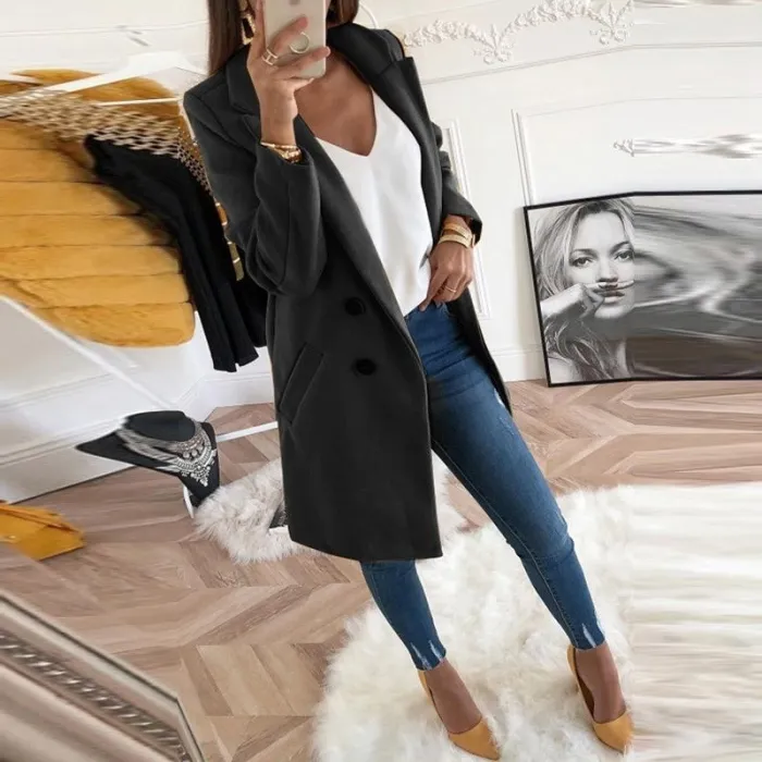 Lapel Long Sleeve Plain Button Pocket Casual Coats