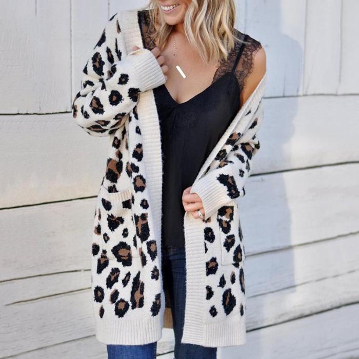 Fashion Leopard Print Pockets Loose Sweater Cardigan