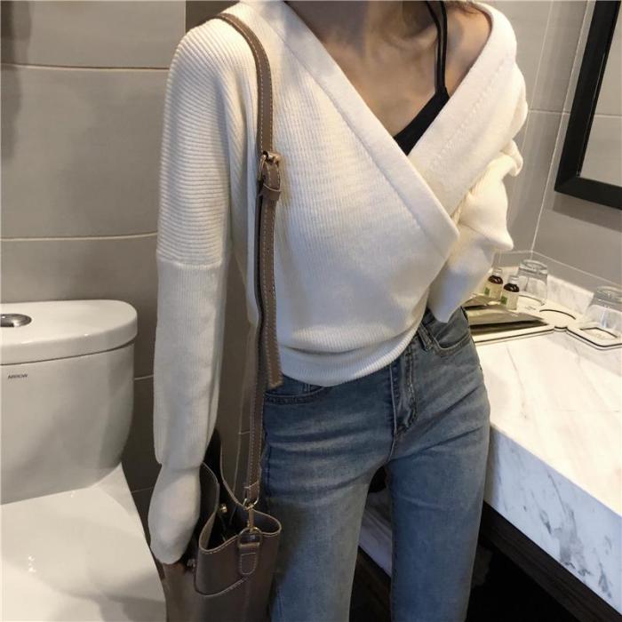 Fashion Sexy V Neck Pure Color Knitted Sweater