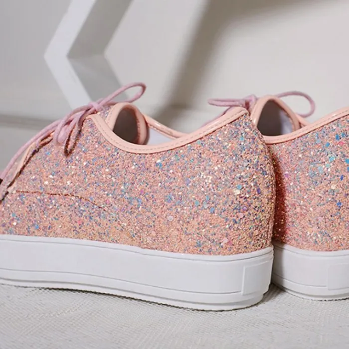 Casual Brisk Paillette Lace-Up Wedges Heels Sneakers