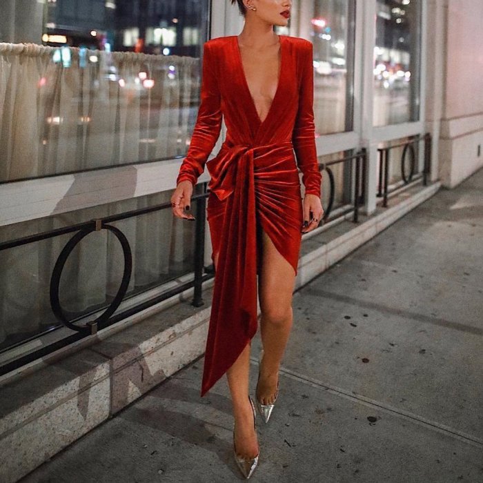 Sexy Deep V Neck Belt Tie Irregular Mini Bodycon Dress