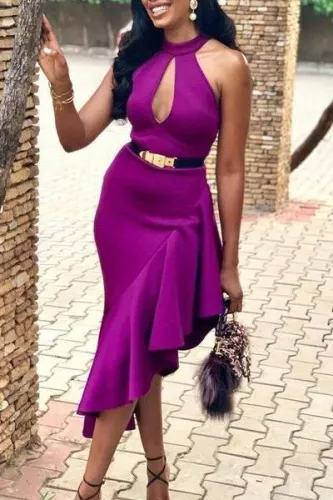 Sexy Halter Asymmetric Ruffled Pure Colour Bodycon Dresses