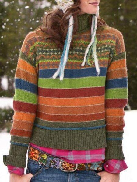 Color-Block Striped Casual Turtleneck Women's Sweaters