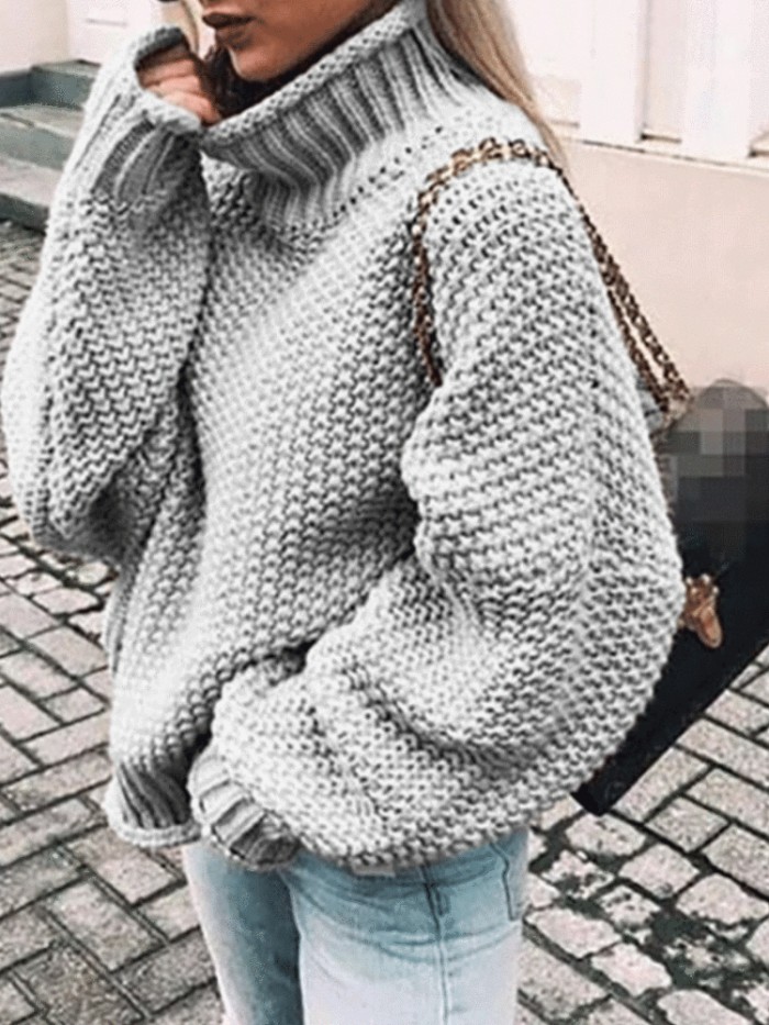 Female Roll Side High Collar Bat Sleeve Sweater