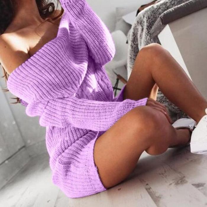 Women's Fashion Boat Neck Off-Shoulder Bag Hip Knit Dress