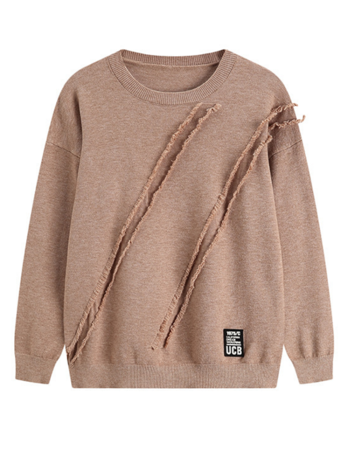 Handmade Frayed Round Neck Knitted Solid Long Sleeve Sweaters
