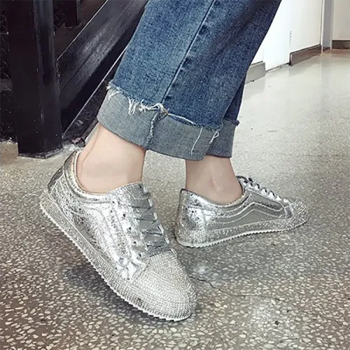 Women's Fashion Harajuku Style Solid Color Rhinestone Sneakers
