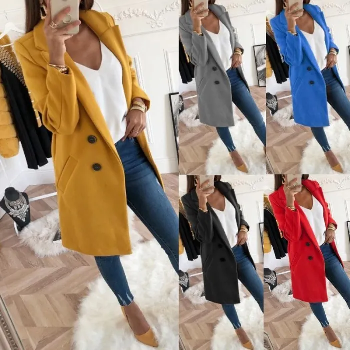 Lapel Long Sleeve Plain Button Pocket Casual Coats