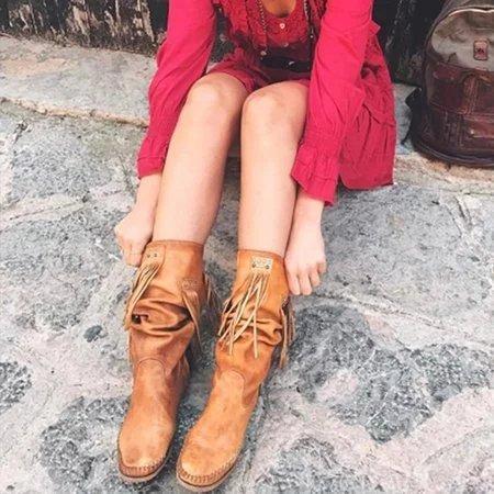 Yellow Fall Tassel Flat Heel Boots
