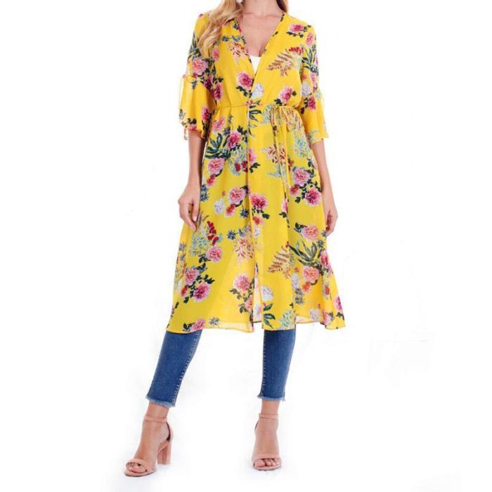 Female European And American Printed Chiffon Bat Sun Protective Cardigan