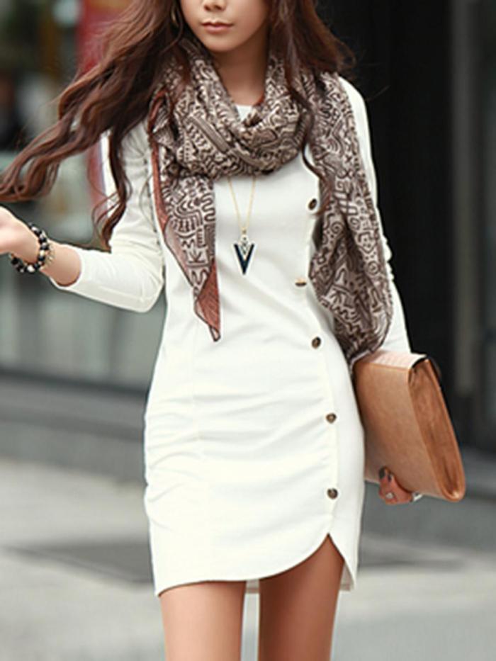 Round Neck Plain Decorative Button Slit Bodycon Dresses