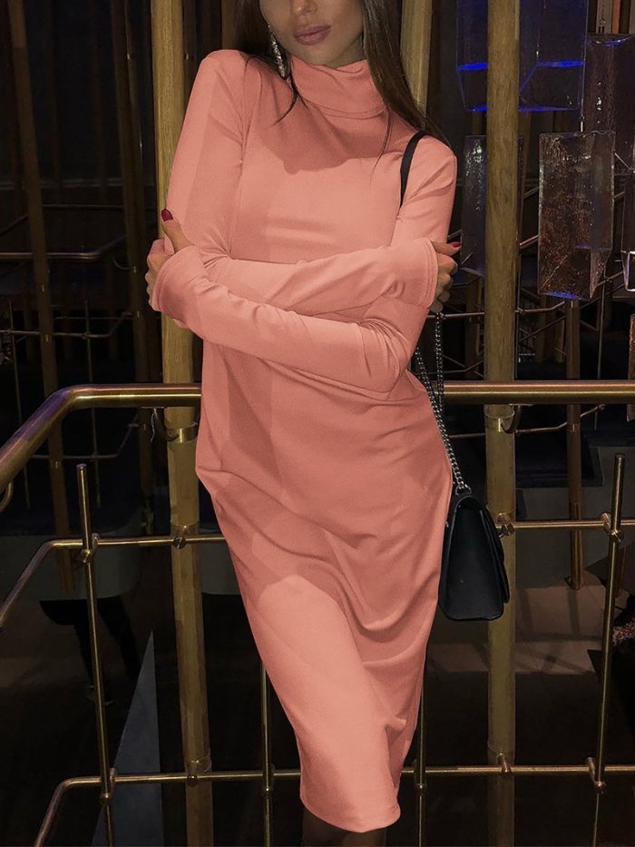 Casual High Collar Pure Colour Bodycon Dresses