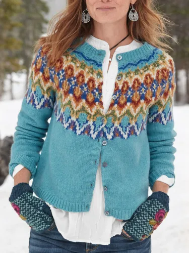 Tribal Long Sleeve Buttoned Cotton Cardigan
