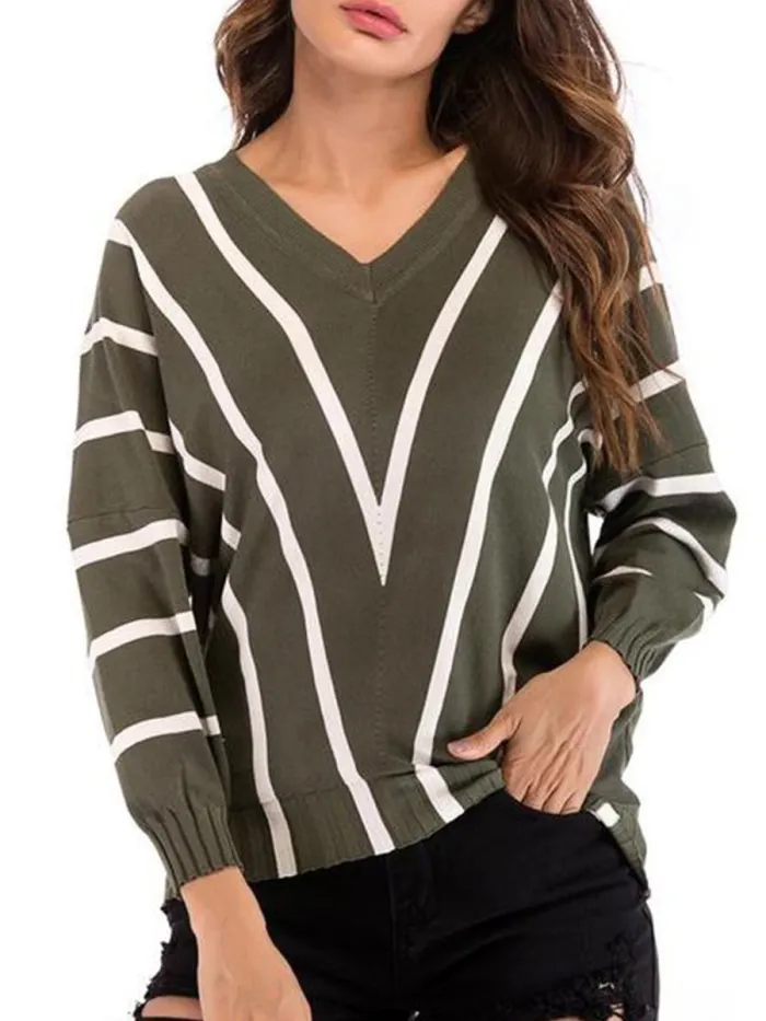 V  Neck  Striped  Basic Sweaters