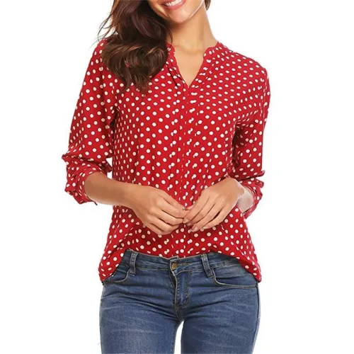 Plus Size Polka Dot Chiffon Blouse Shirts V-neck Long Sleeve Tops