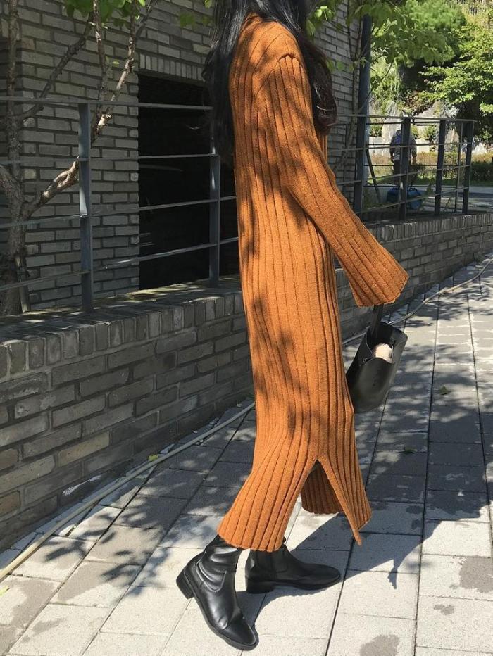 Casual Simple High   Collar Shown Thin Thickening Sweater Knitted Maxi Dress