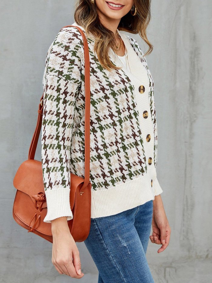 Khaki Vintage Shift Cotton Houndstooth Cardigan