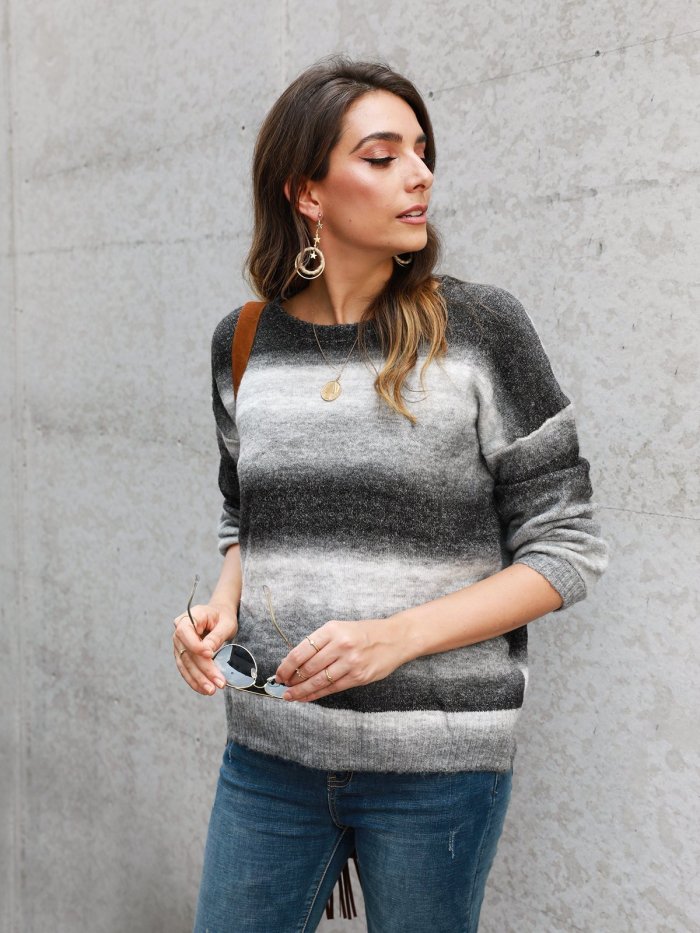 Color-Block Long Sleeve Crew Neck Work Sweaters