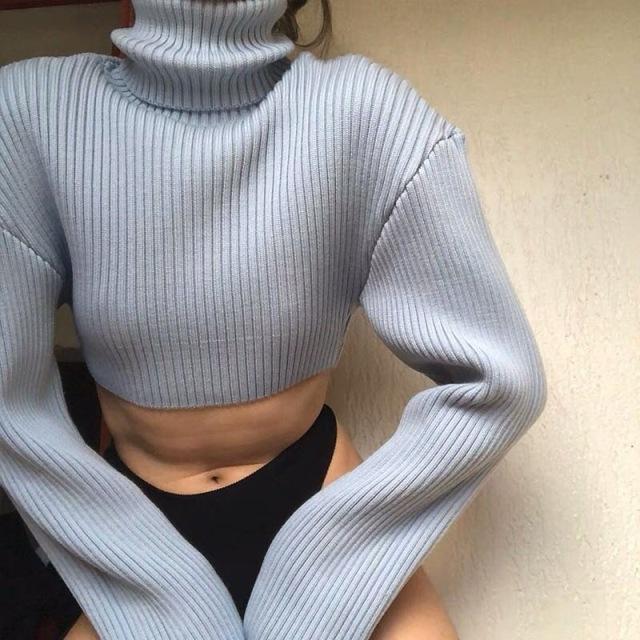Casual Sexy High Collar Short Style Pure Color Knit Sweater Blouse