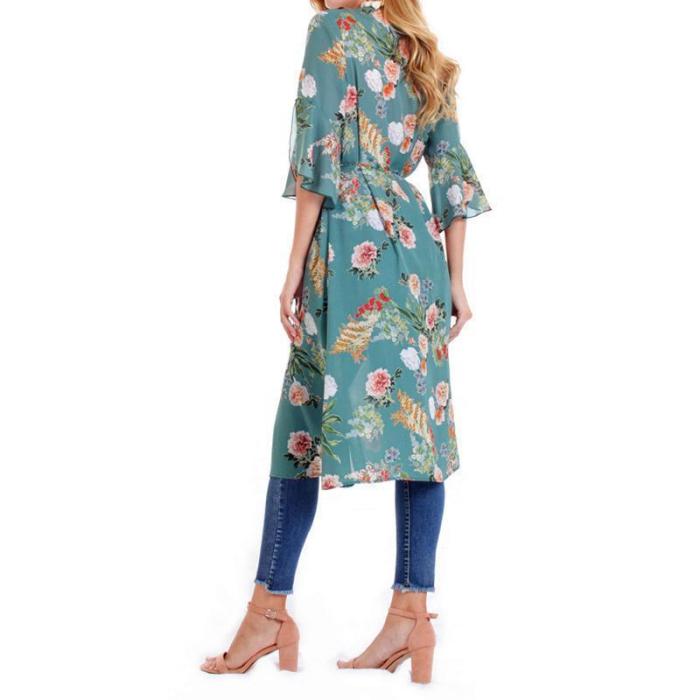 Female European And American Printed Chiffon Bat Sun Protective Cardigan