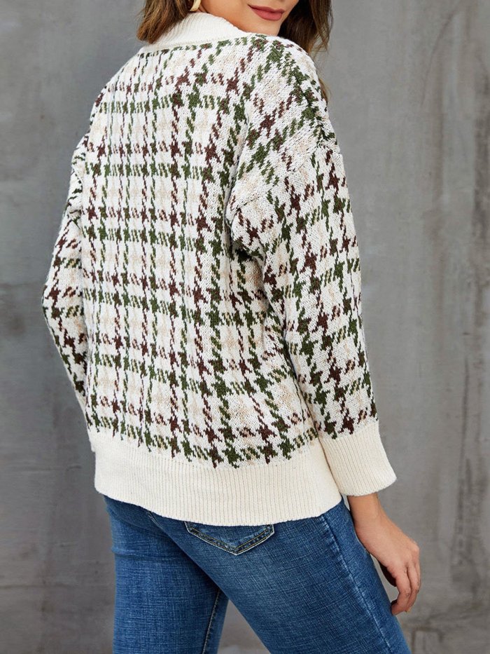 Khaki Vintage Shift Cotton Houndstooth Cardigan