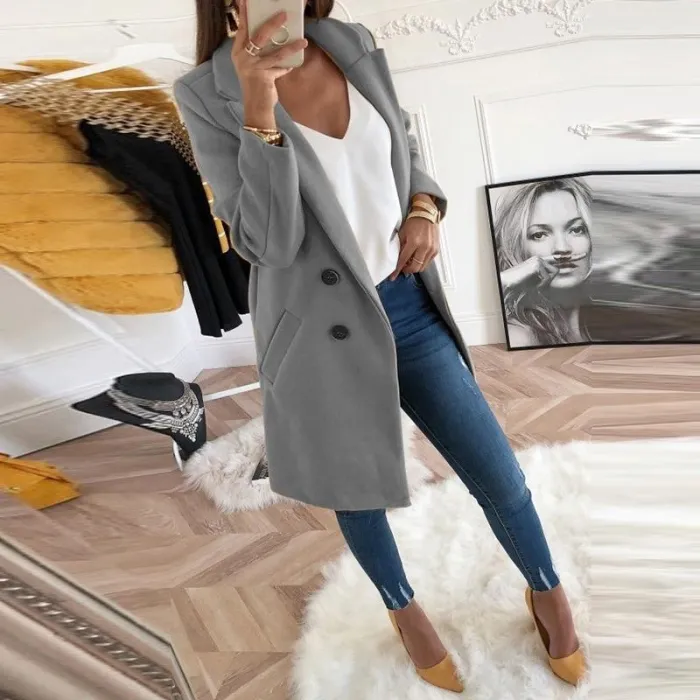 Lapel Long Sleeve Plain Button Pocket Casual Coats