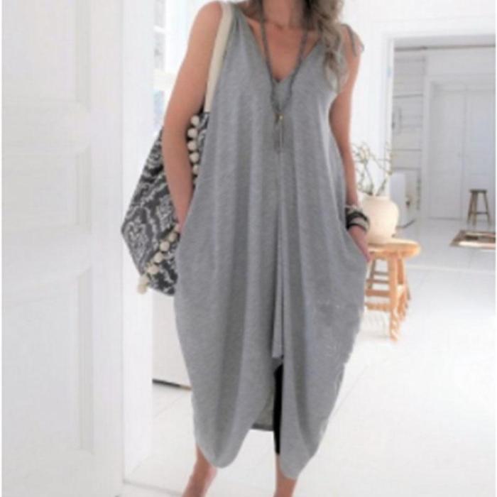 Sexy Solid Color V-Neck Irregular Dress