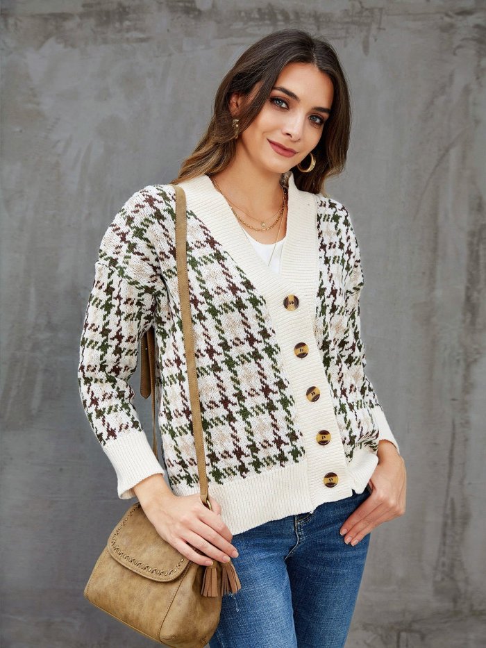 Khaki Vintage Shift Cotton Houndstooth Cardigan