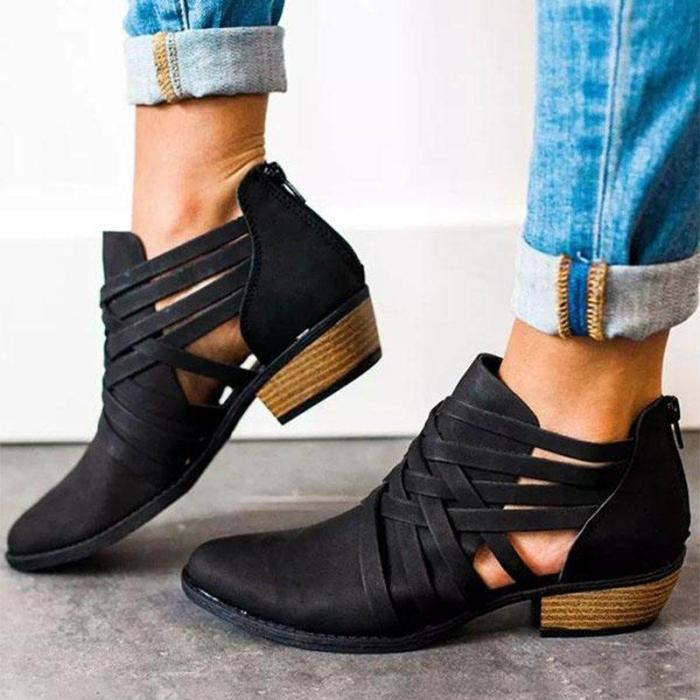 Plus Size Criss-Cross Ankle Heel Booties Hollow-out PU Boots