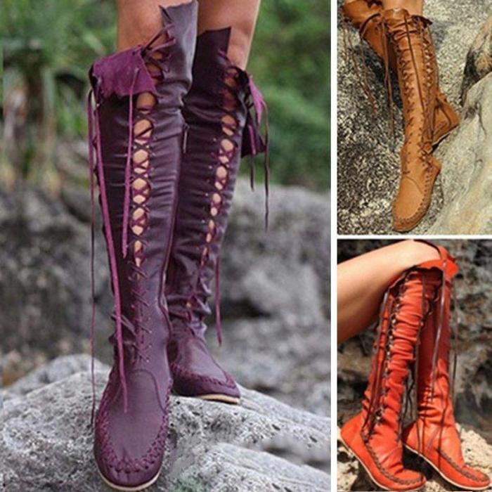 Women PU Booties Casual Lace Up Knee Length Flat Shoes
