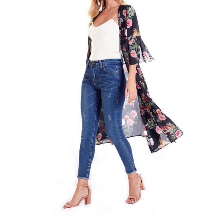 Female European And American Printed Chiffon Bat Sun Protective Cardigan