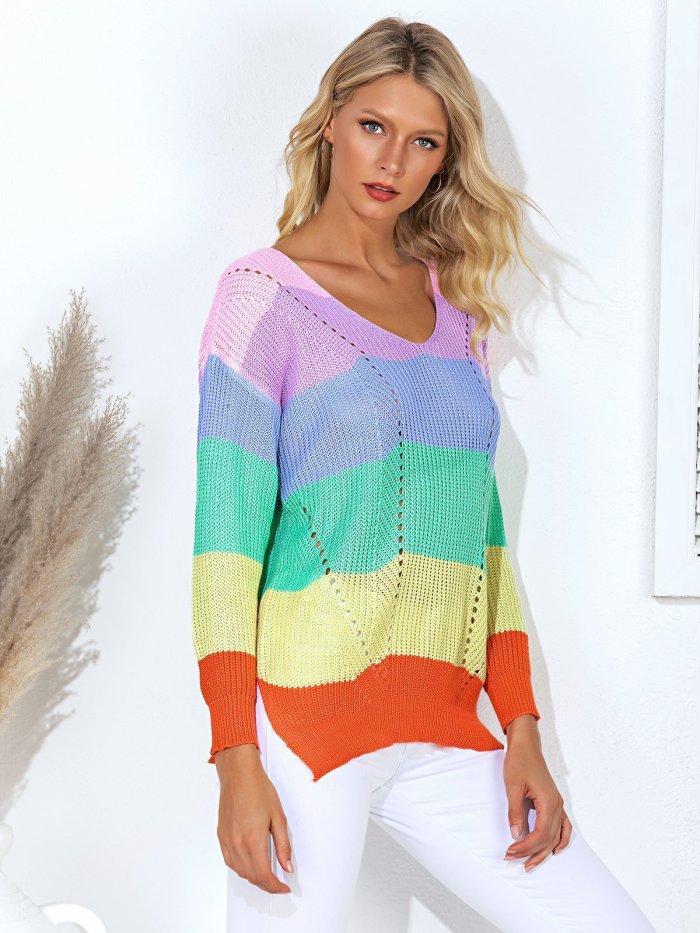 Multicolor Color-Block Striped Eyelet Long Sleeve Sweaters