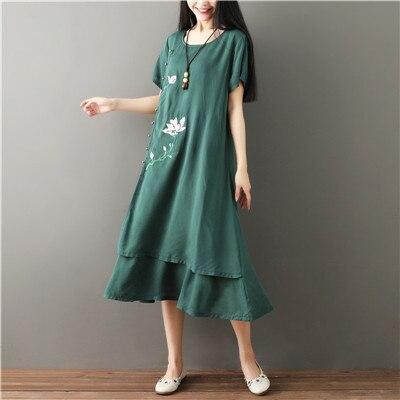 cotton line vintage embroidery floral short sleeve A-Line maxi dress