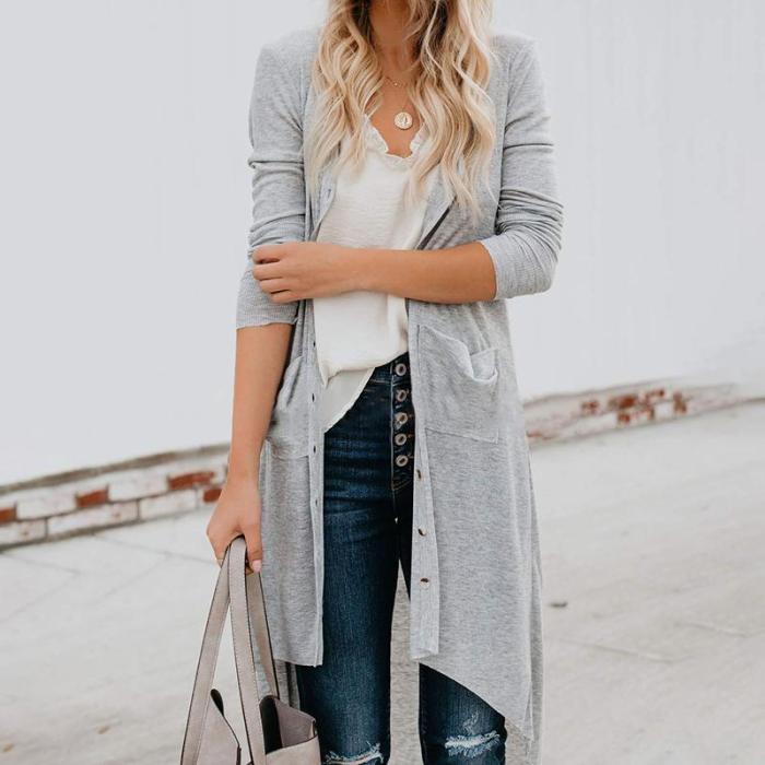 Casual Long Sleeve Pure Color High-Low Cardigan