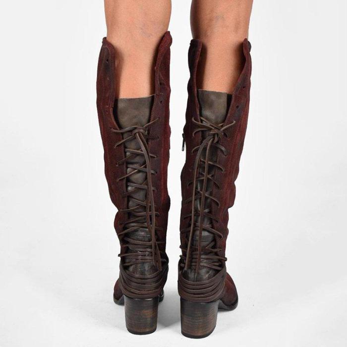 Women Vintage Lace Up Boots European Style Bandage Above Knee Boots