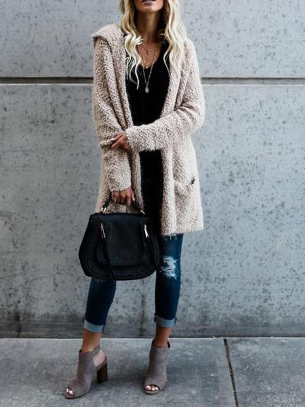 Mid-Length Knit Cardigan Solid Color Plush Coat Outwear