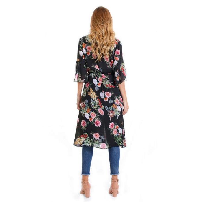 Female European And American Printed Chiffon Bat Sun Protective Cardigan