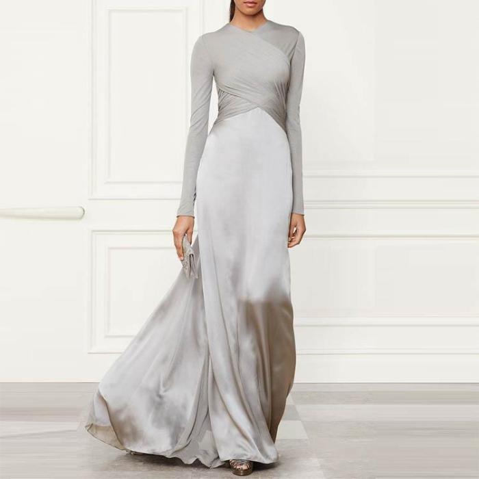 Pure Color Stitching Long Sleeve Evening Dress