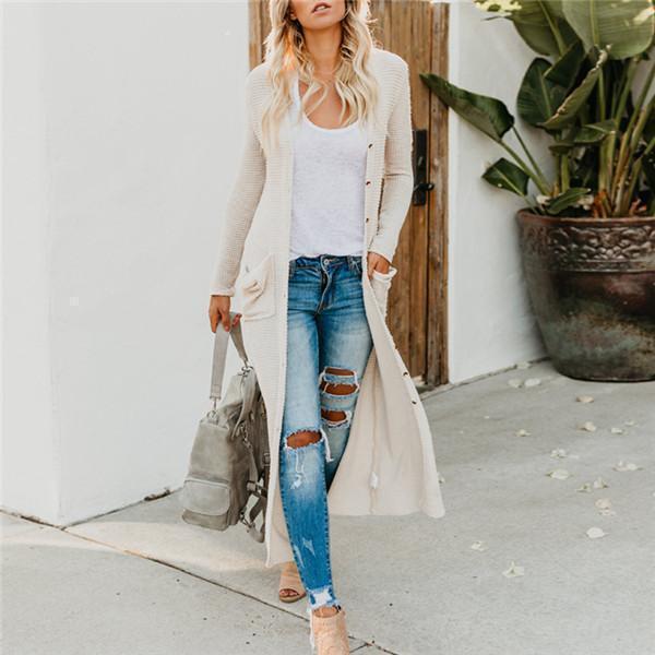 New solid color button big pocket casual long style cardigan coat