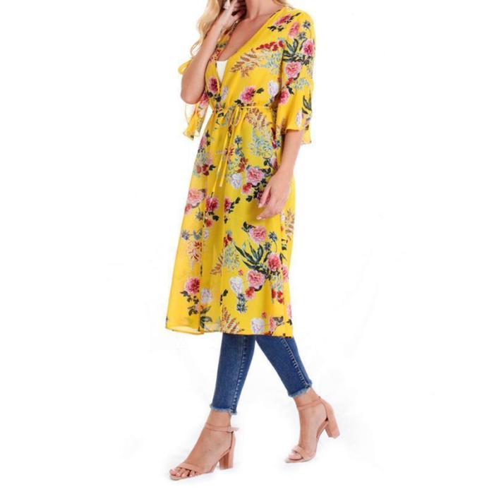 Female European And American Printed Chiffon Bat Sun Protective Cardigan