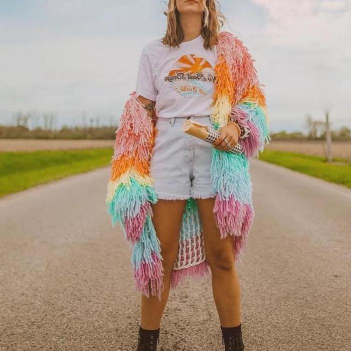 Fashion Colorblock Long Plush Cardigan Coat