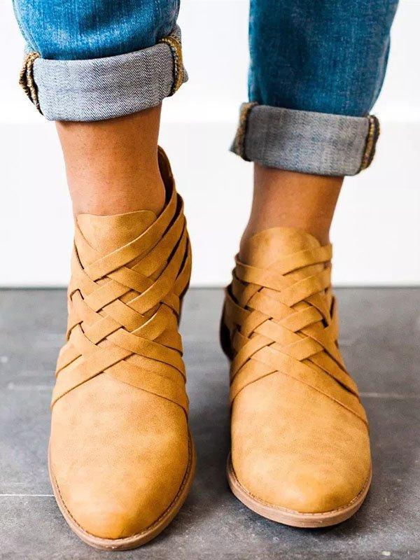 Plus Size Criss-Cross Ankle Heel Booties Hollow-out PU Boots