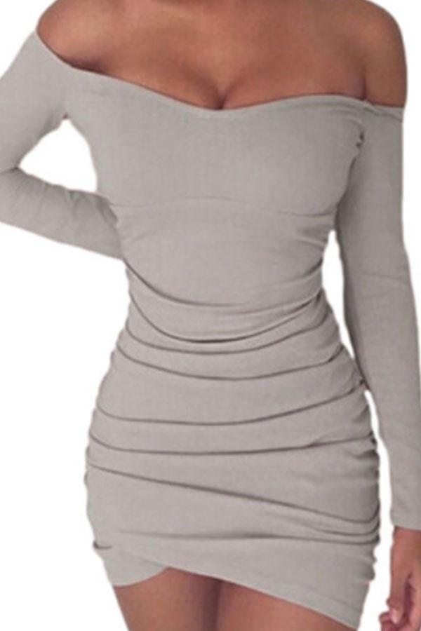 Off Shoulder  Asymmetric Hem  Plain  Long Sleeve Bodycon Dresses
