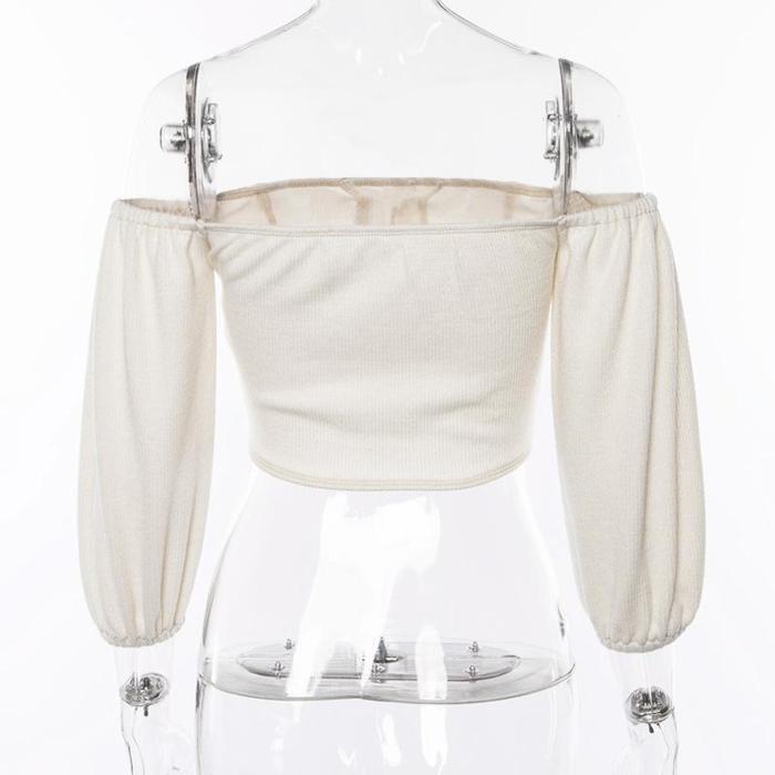 Sexy Off Shoulder Slash Neck Long Sleeve Button Knitted Tops