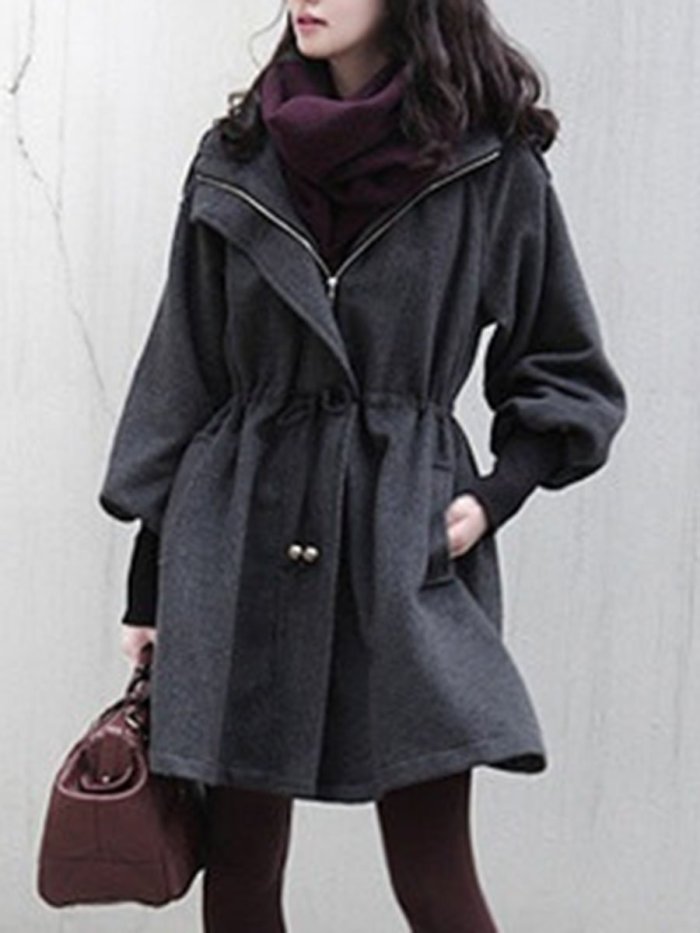 Hooded  Drawstring  Plain  Batwing Sleeve Coat