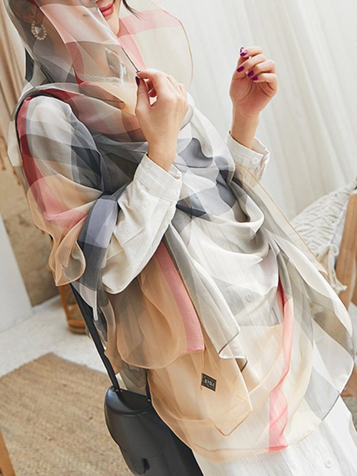 Khaki Checkered/plaid Printed Silk-Blend Scarves